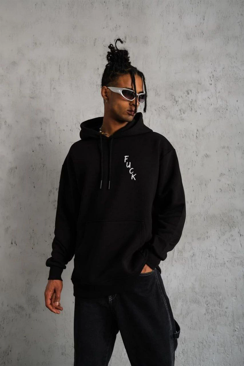 Erkek 3 İplik Pamuklu Kapüşonlu Baskılı Cepli Oversize Sweatshirt Hoodie – Siyah