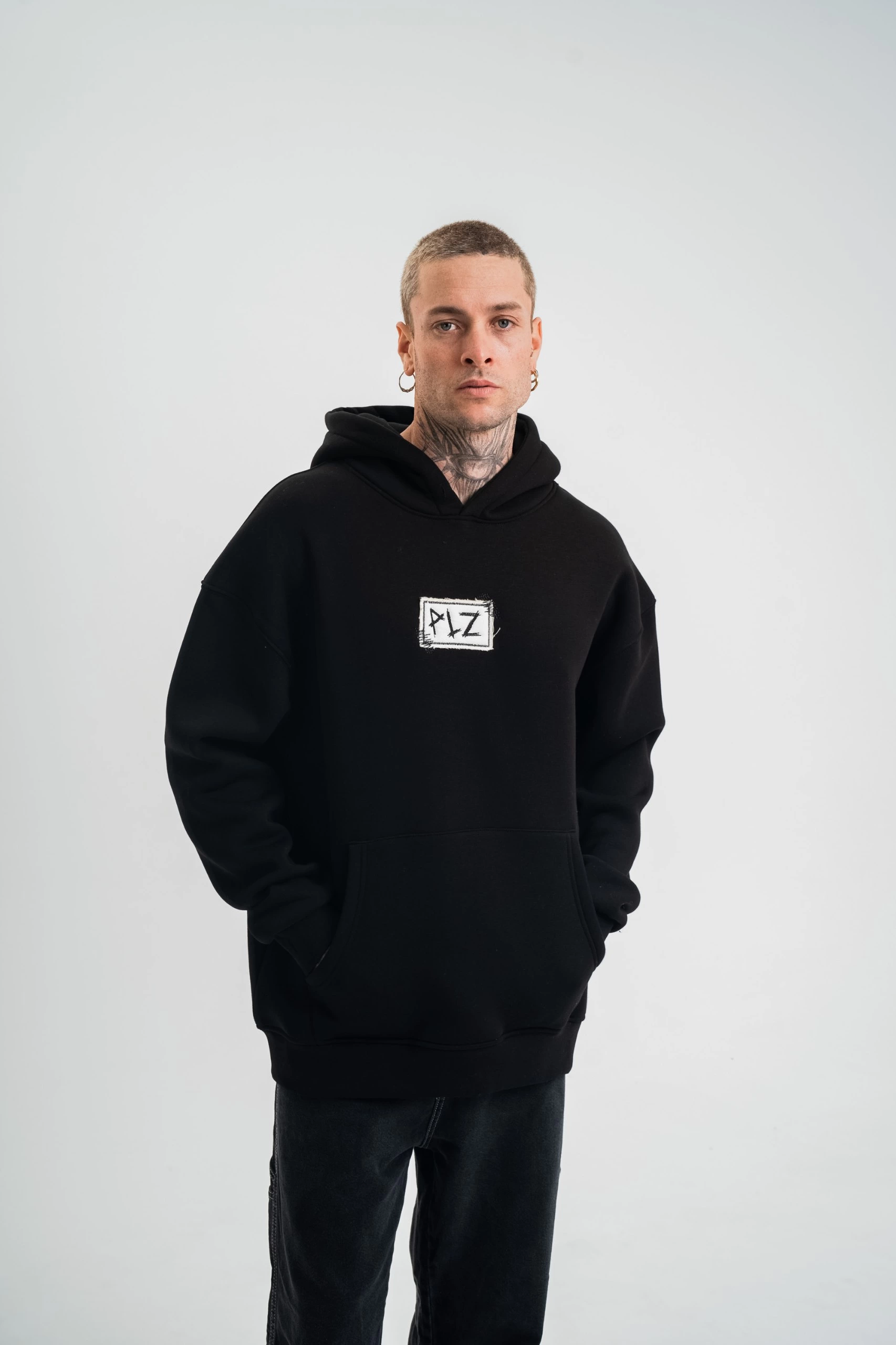 ERKEK 3 İplik Pamuklu Kapüşonlu Patchli Nakışlı Hoodie SweatShirt – Siyah