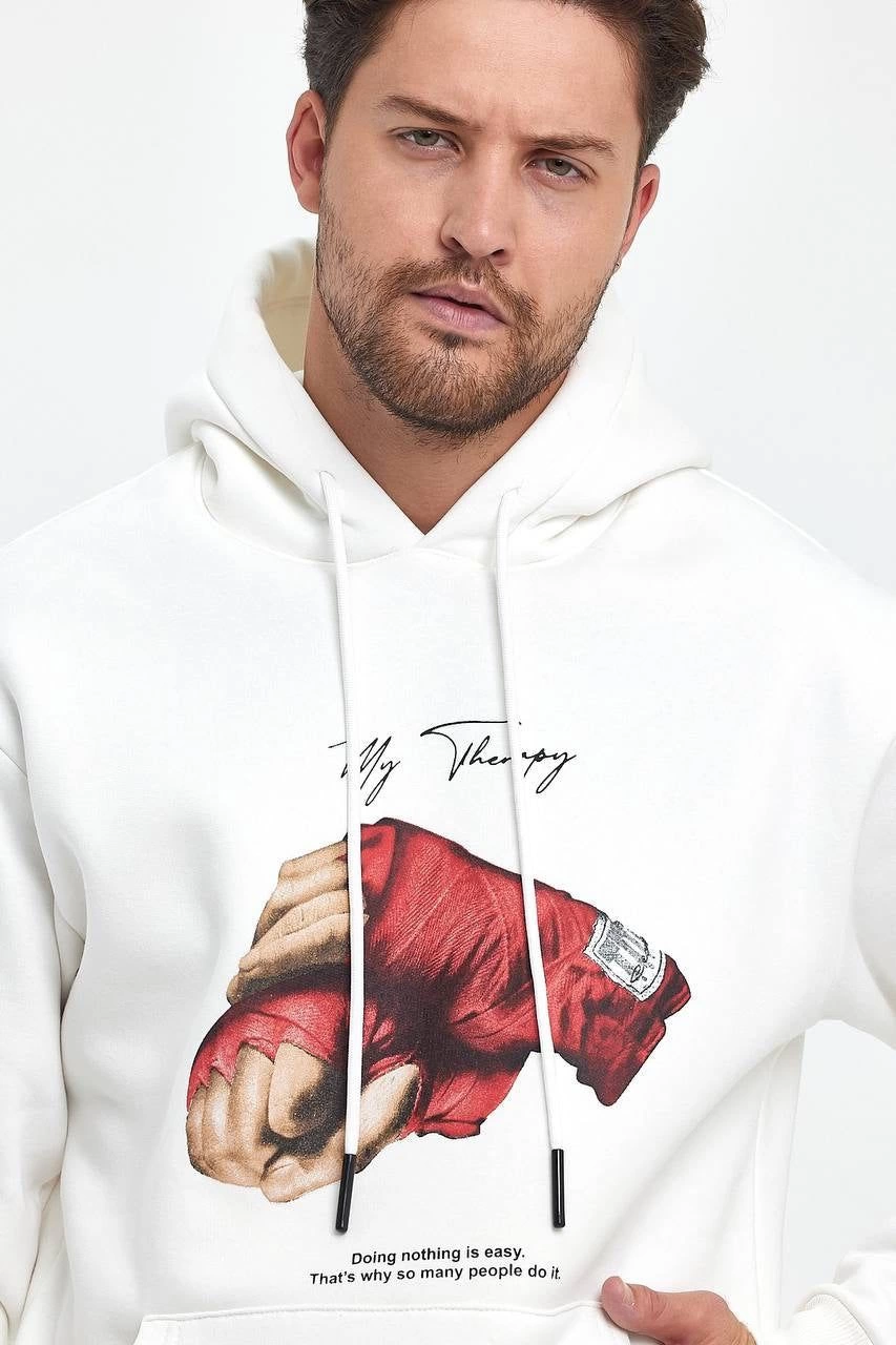 Erkek 3 İplik Pamuklu Kapüşonlu Cepli Box Eldiven Baskılı Hoodie Sweatshirt – Beyaz
