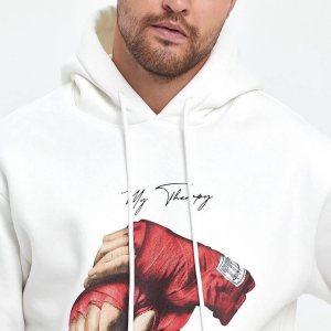 Erkek 3 İplik Pamuklu Kapüşonlu Cepli Box Eldiven Baskılı Hoodie Sweatshirt – Beyaz