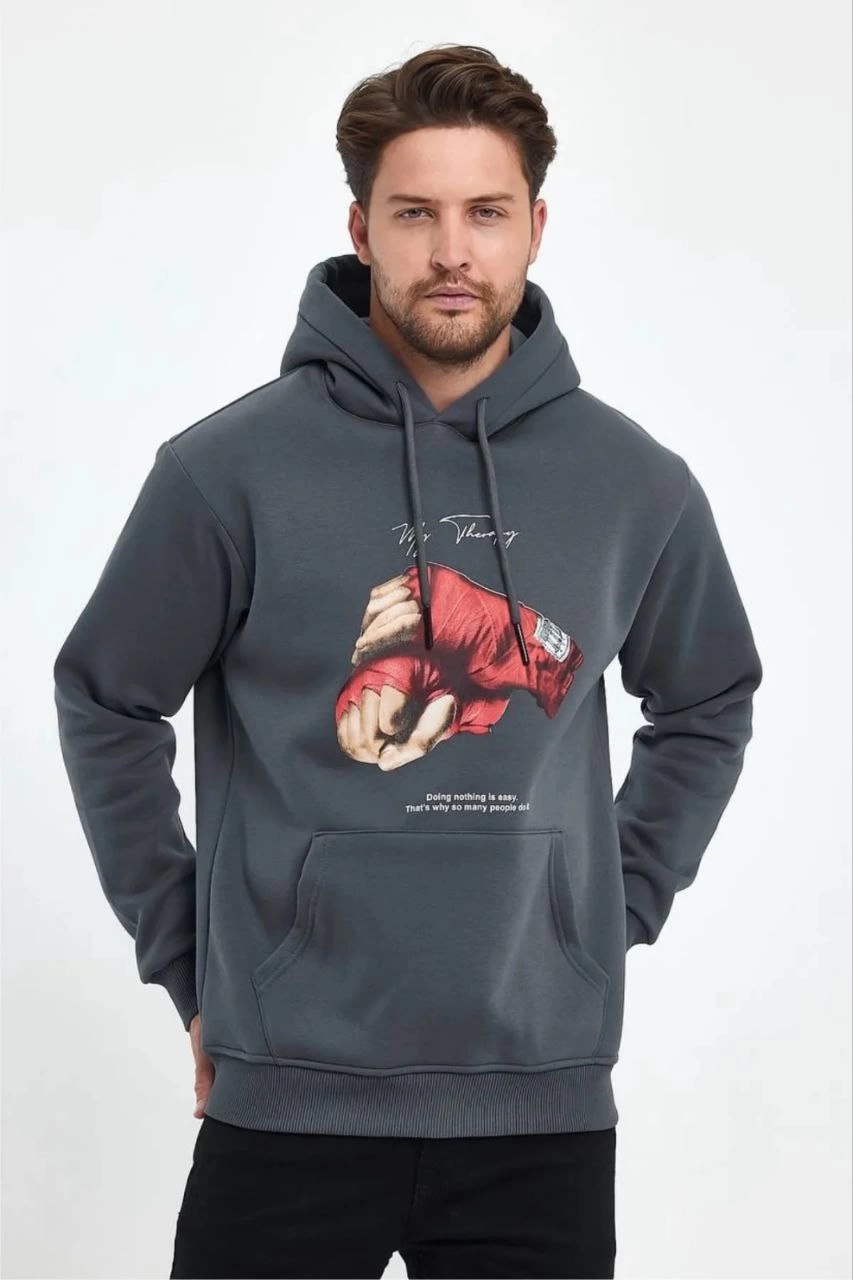 Erkek 3 İplik Pamuklu Kapüşonlu Cepli Boks Eldiven Baskılı Hoodie Sweatshirt – Füme