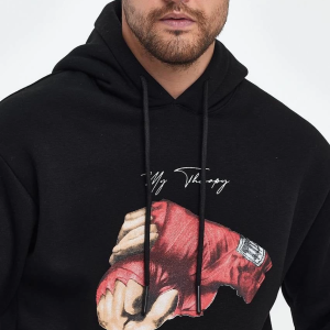 Erkek 3 İplik Pamuklu Kapüşonlu Cepli Boxy Eldiven Baskılı Hoodie Sweatshirt – Siyah