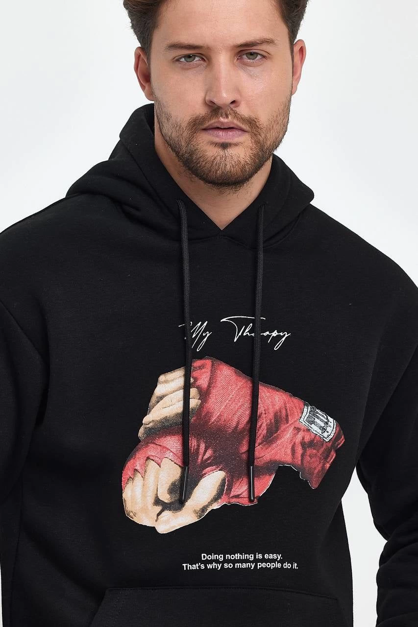 Erkek 3 İplik Pamuklu Kapüşonlu Cepli Boxy Eldiven Baskılı Hoodie Sweatshirt – Siyah