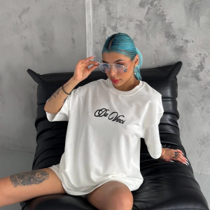 Kadın Baskılı T-Shirt Kısa Kol Bisiklet Yaka Oversize Rahat Kalıp Günlük Tişört – Beyaz