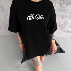 Kadın Baskılı T-Shirt Kısa Kol Bisiklet Yaka Oversize Rahat Kalıp Günlük Tişört – Siyah