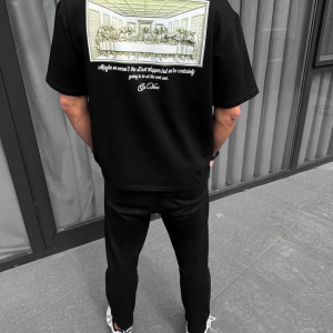 Erkek Baskılı T-Shirt Kısa Kol Bisiklet Yaka Regular Fit Rahat Kalıp Günlük Tişört – Siyah