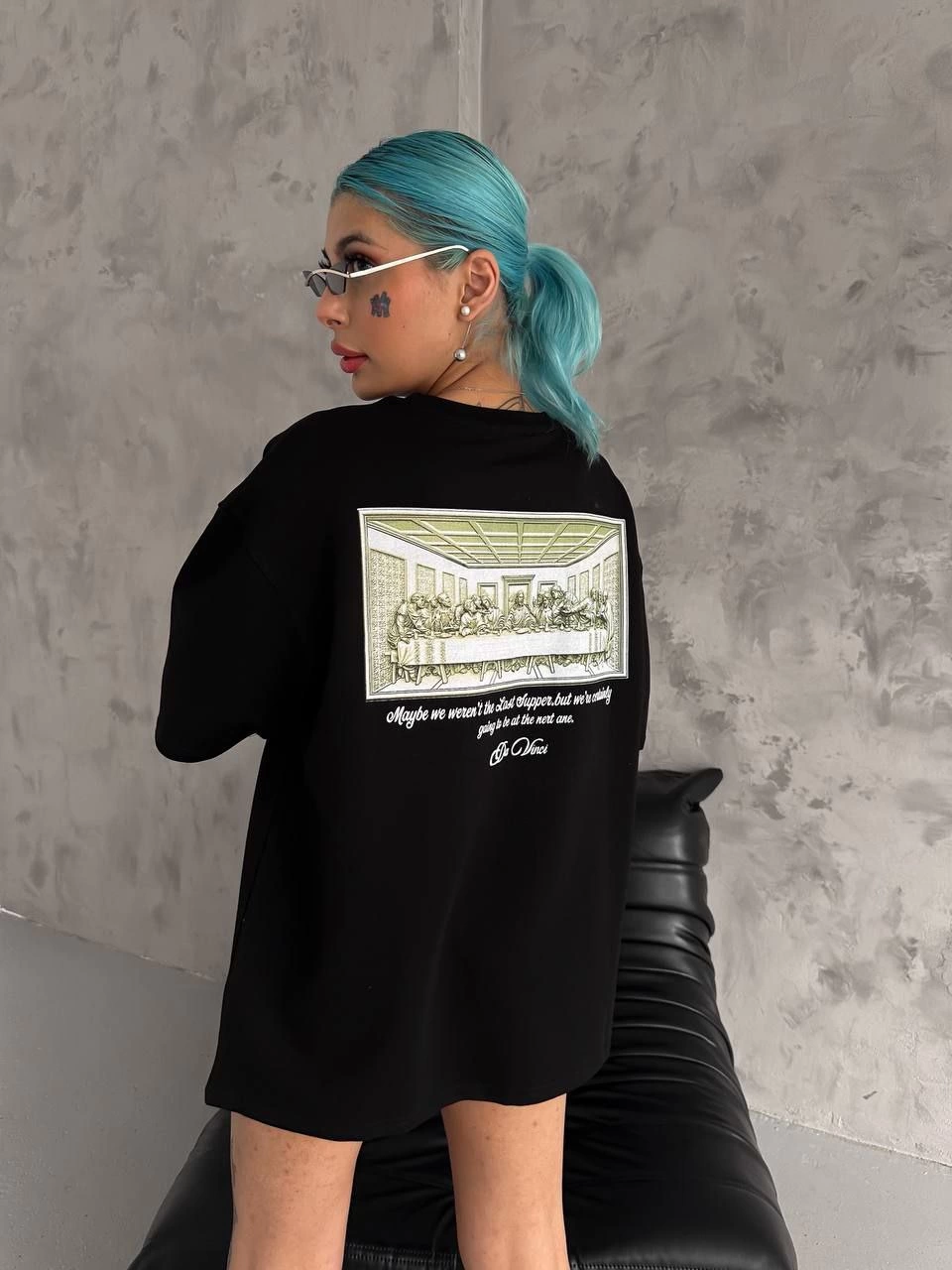 Kadın Baskılı T-Shirt Kısa Kol Bisiklet Yaka Oversize Rahat Kalıp Günlük Tişört – Siyah