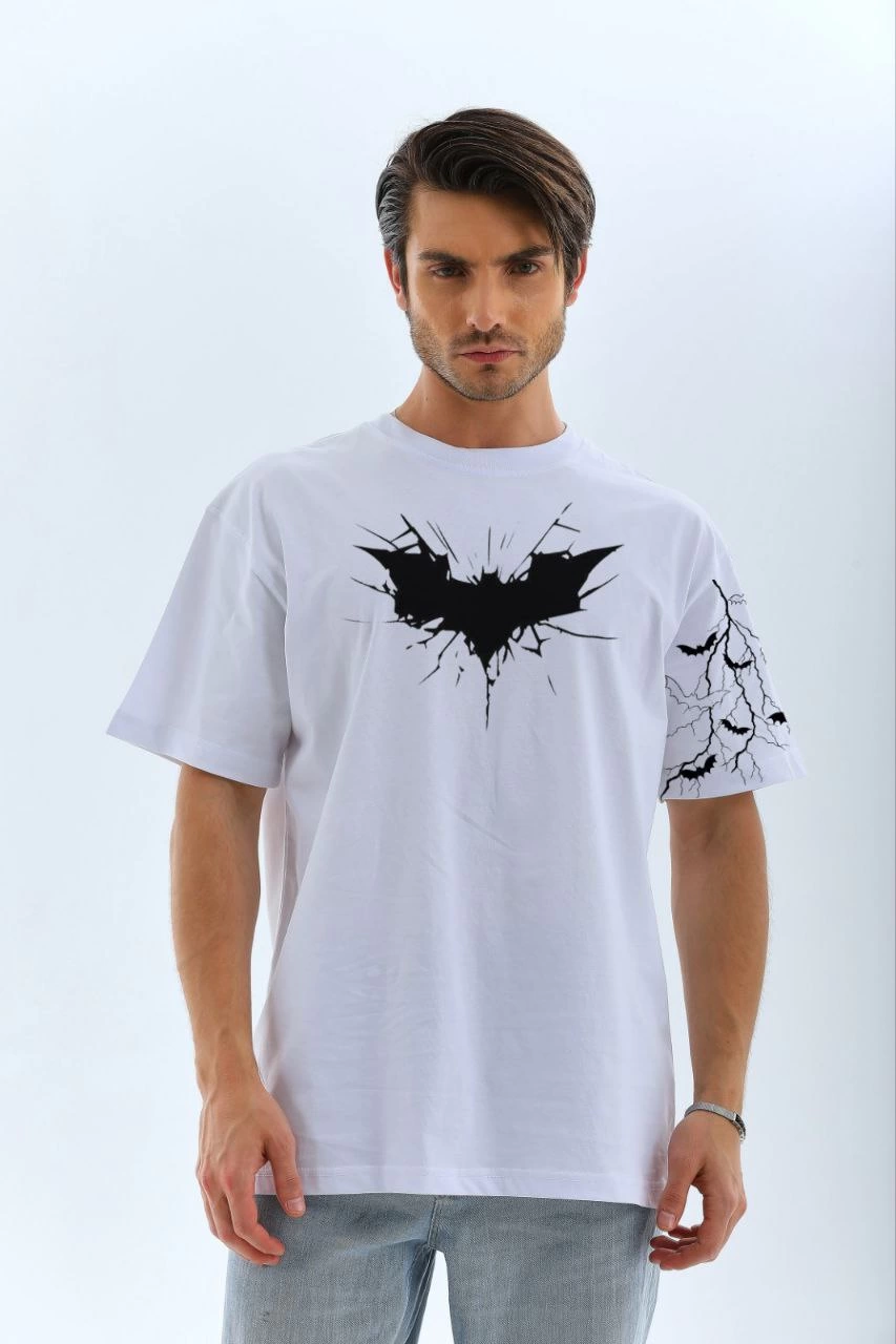 ERKEK Bisiklet yaka tişort Ön ve Kol YARASA Baskılı T-shirt – Beyaz