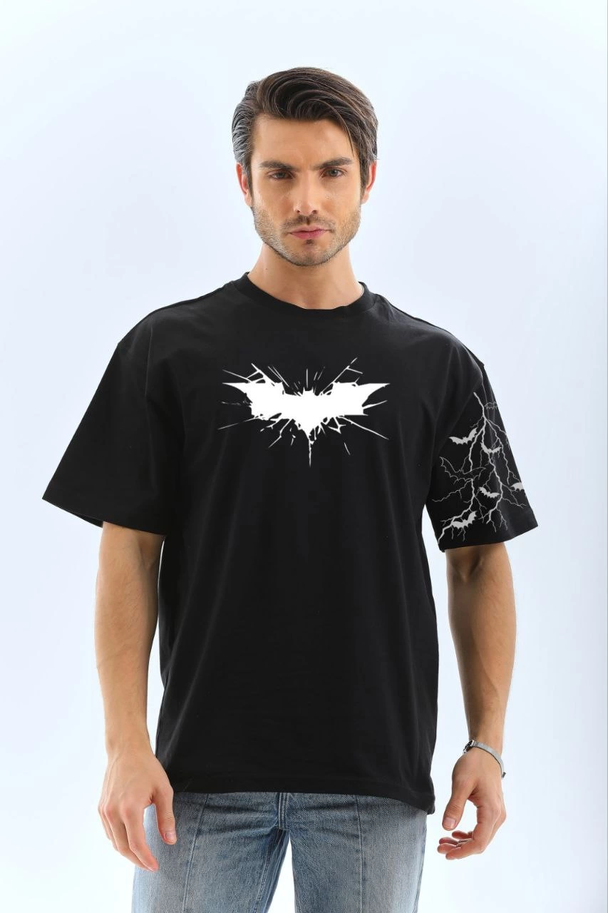 ERKEK Bisiklet yaka tişort Ön ve Kol YARASA Baskılı T-shirt – Siyah