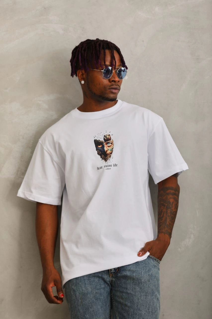 Erkek Baskılı T-Shirt Kısa Kol Bisiklet Yaka Regular Fit Rahat Kalıp Günlük Tişört – Beyaz