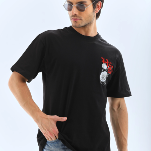 Erkek Baskılı T-Shirt Kısa Kol Bisiklet Yaka Rahat Kalıp Tişört – Siyah