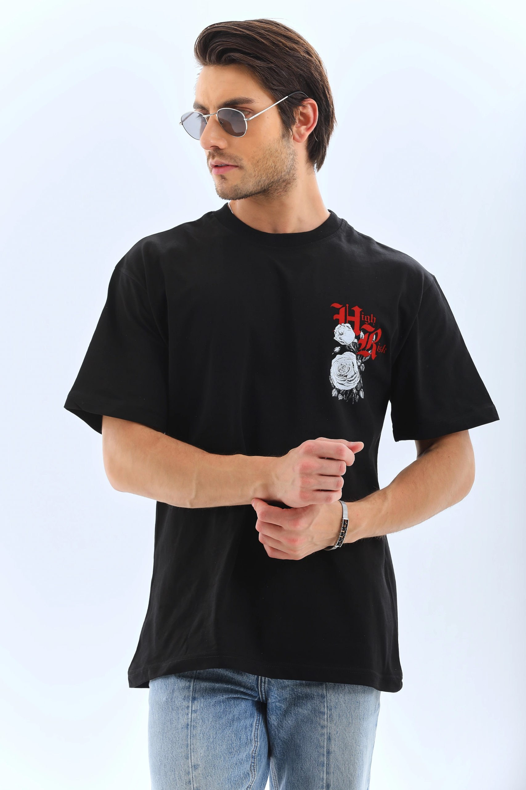 Erkek Baskılı T-Shirt Kısa Kol Bisiklet Yaka Rahat Kalıp Tişört – Siyah
