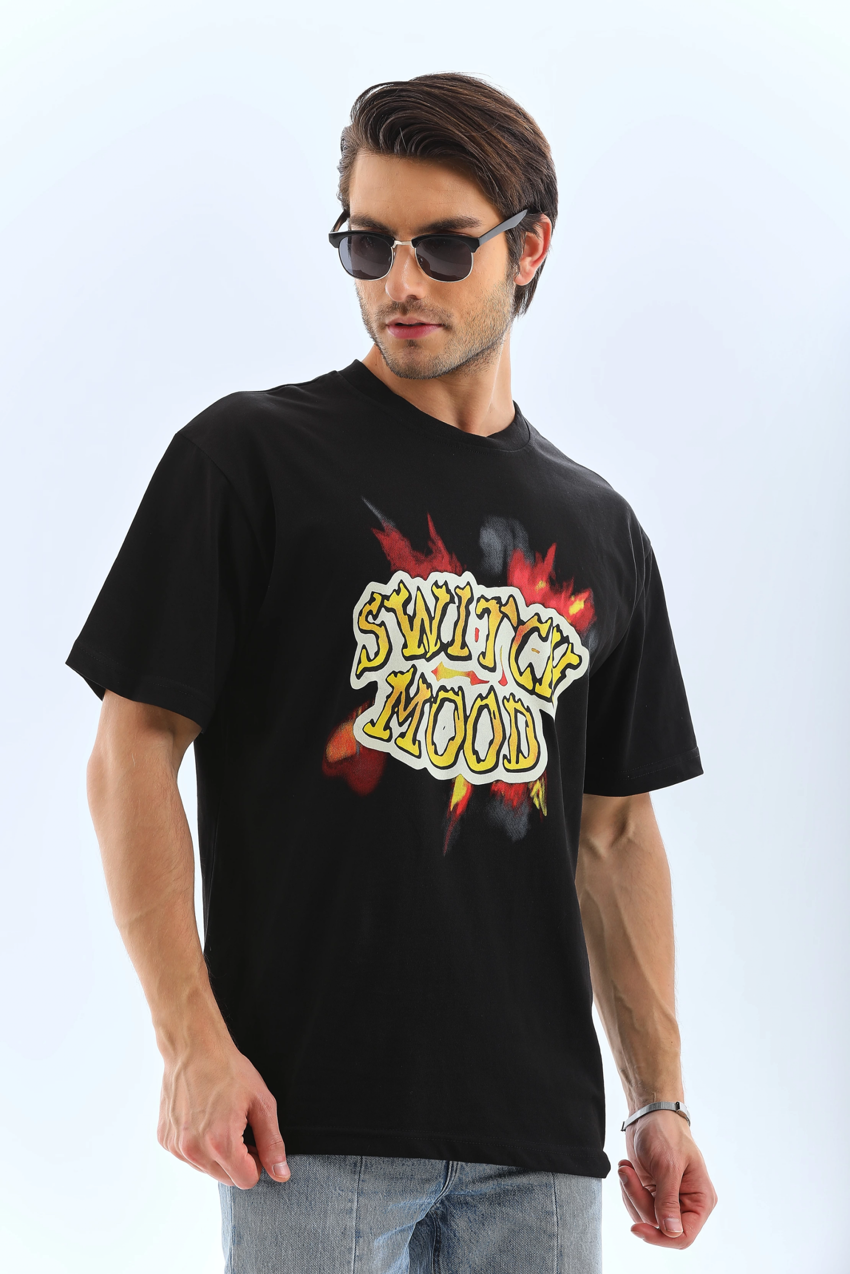 Erkek Kısa Kol Yazlık Tişört Bisiklet Yaka Baskılı Oversize T-Shirt – Siyah