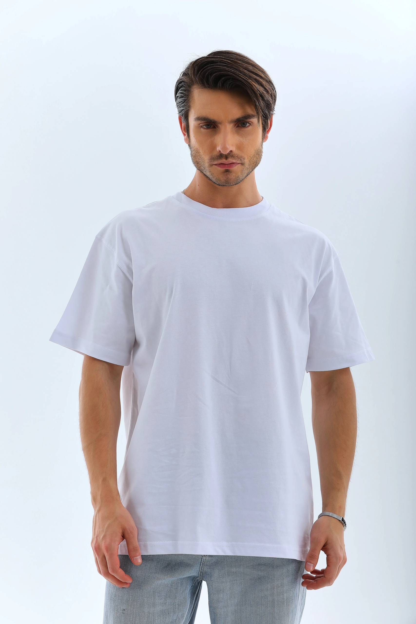 Erkek Düz Yazlık Kısa Kol Tişört Bisiklet Yaka Oversize T-Shirt – Beyaz