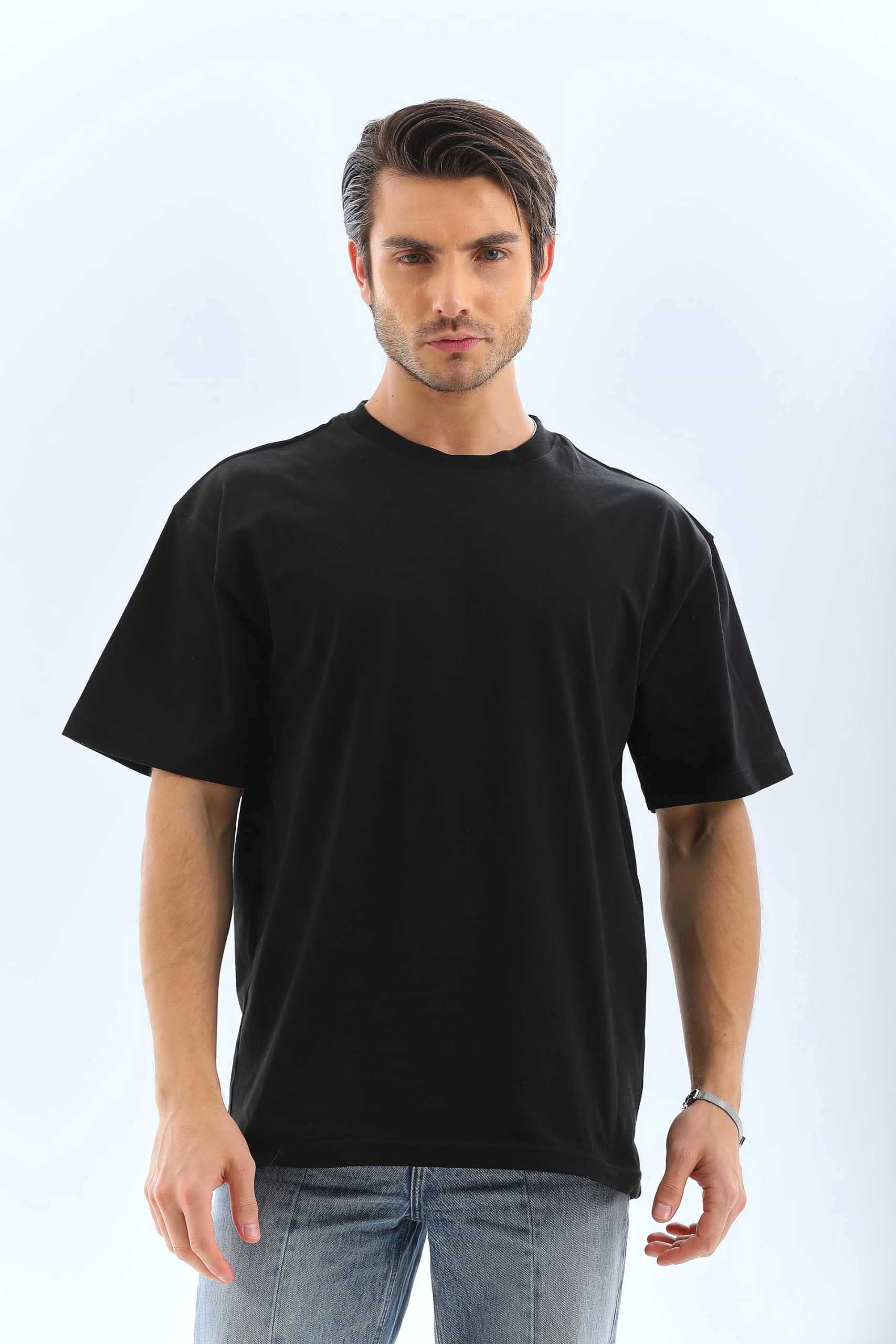 Erkek Düz Yazlık Kısa Kol Tişört Bisiklet Yaka Oversize T-Shirt – Siyah