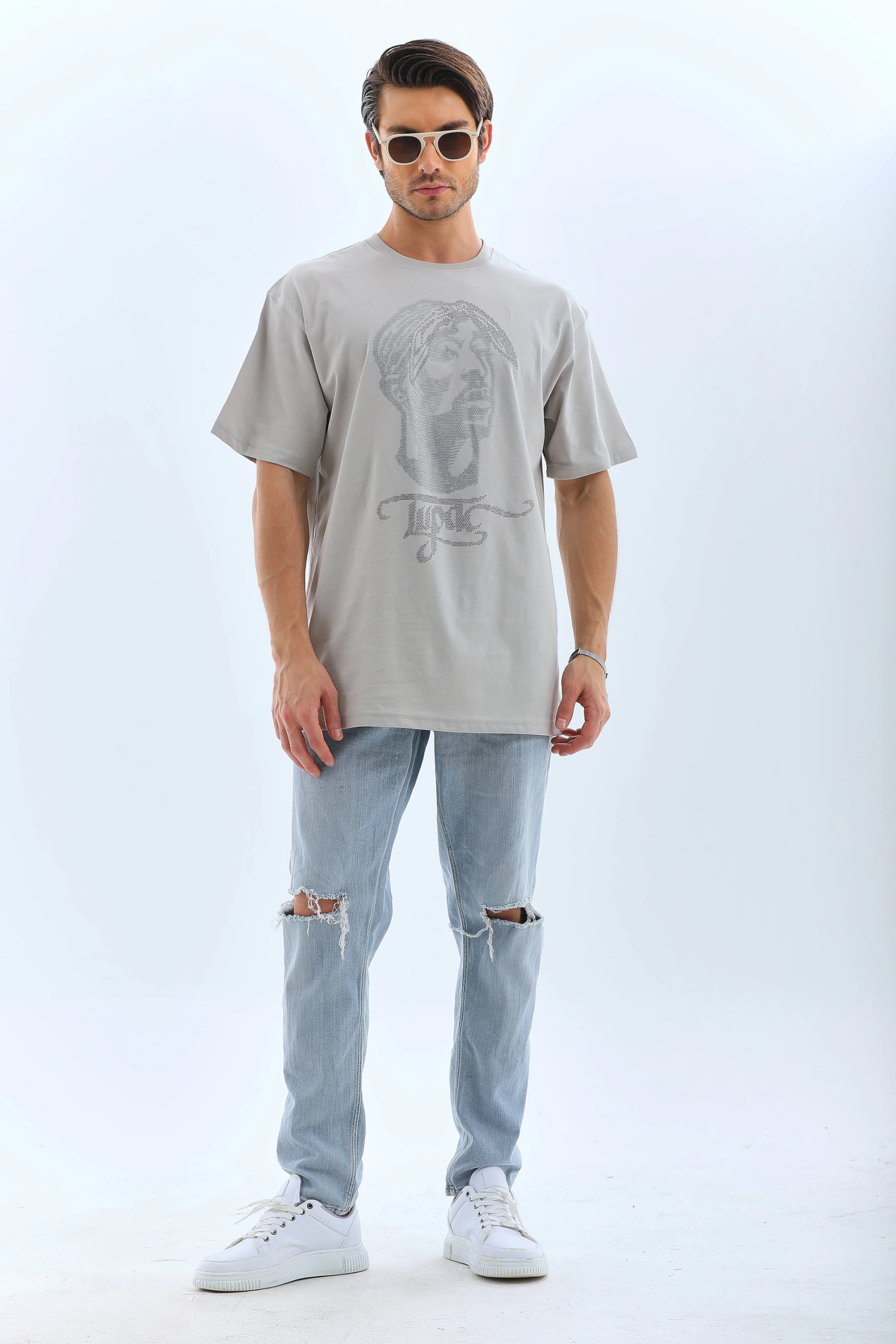 ERKEK Tişört TAŞ Detaylı Bisiklet Yaka  Kısa kol T-Shirt – Gri