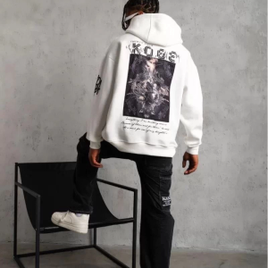 BErkek 3 İplik Pamuklu Kapüşonlu Baskılı Cepli Oversize Sweatshirt Hoodie – eyaz