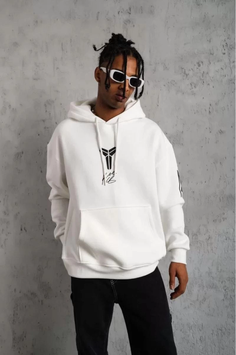 BErkek 3 İplik Pamuklu Kapüşonlu Baskılı Cepli Oversize Sweatshirt Hoodie – eyaz