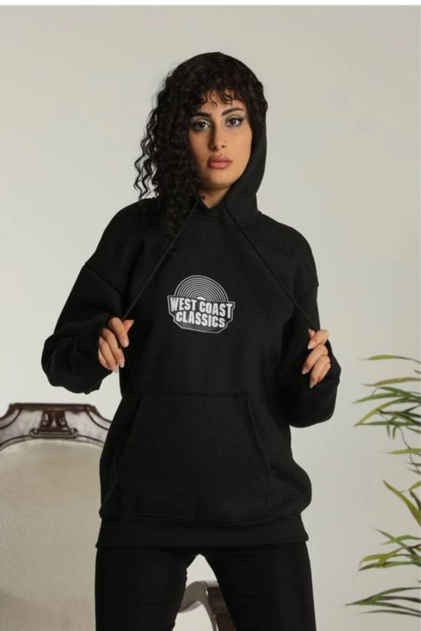 Kadın Oversize Kapüşonlu Cepli Baskılı 3 İplik Pamuklu Hoodie Sweatshirt – Siyah