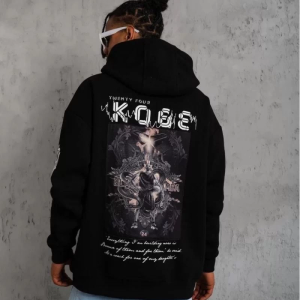 Erkek 3 İplik Pamuklu Kapüşonlu Kanguru Cepli Baskılı Oversize Hoodie Sweatshirt – Siyah
