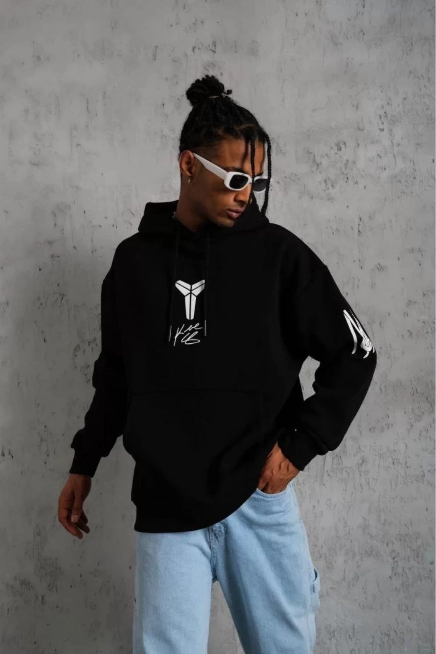 Erkek 3 İplik Pamuklu Kapüşonlu Kanguru Cepli Baskılı Oversize Hoodie Sweatshirt – Siyah
