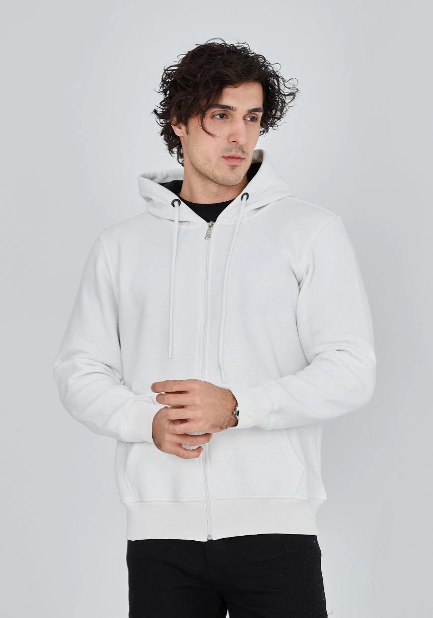 Erkek 3 İplik Pamuklu Kapüşonlu Tam Fermuarlı Cepli Hoodie Sweatshirt – Beyaz