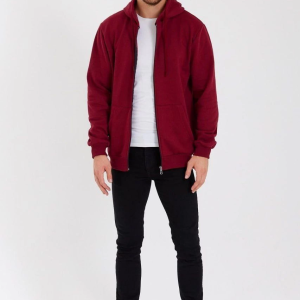 Erkek 3 İplik Pamuklu Tam Fermuarlı Kapüşonlu Kanguru Cepli Düz Hoodie Sweatshirt – Bordo