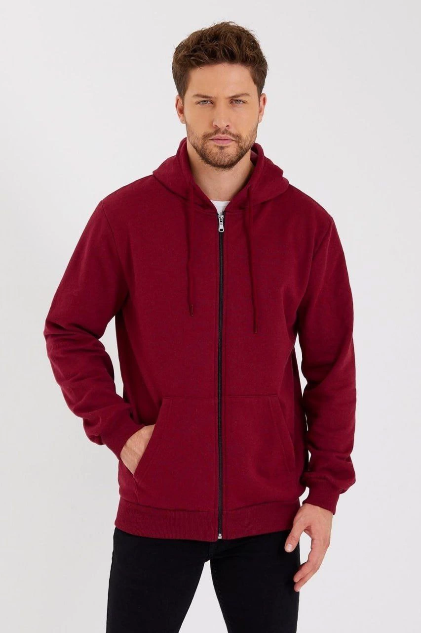 Erkek 3 İplik Pamuklu Tam Fermuarlı Kapüşonlu Kanguru Cepli Düz Hoodie Sweatshirt – Bordo
