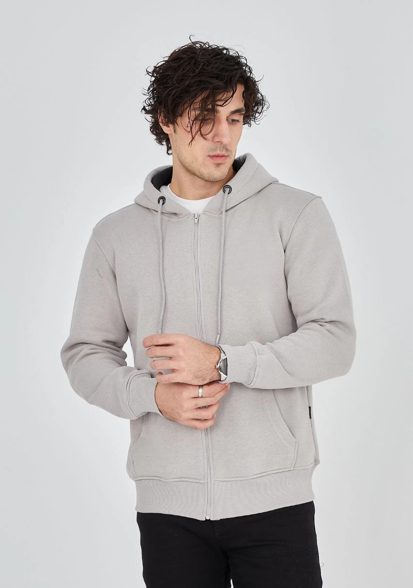 Erkek 3 İplik Pamuklu Kapüşonlu Tam Fermuarlı Cepli Hoodie Sweatshirt – Boyalı Gri