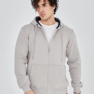 Erkek 3 İplik Pamuklu Kapüşonlu Tam Fermuarlı Cepli Hoodie Sweatshirt – Boyalı Gri