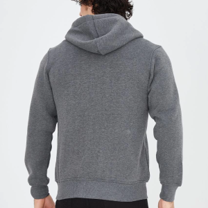 Erkek 3 İplik Pamuklu Kapüşonlu Tam Fermuarlı Cepli Hoodie Sweatshirt – Füme