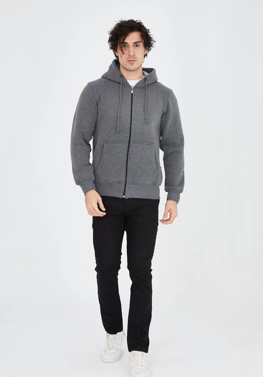 Erkek 3 İplik Pamuklu Kapüşonlu Tam Fermuarlı Cepli Hoodie Sweatshirt – Füme