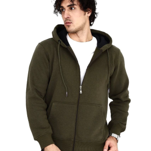 Erkek 3 İplik Pamuklu Kapüşonlu Tam Fermuarlı Cepli Hoodie Sweatshirt – Haki
