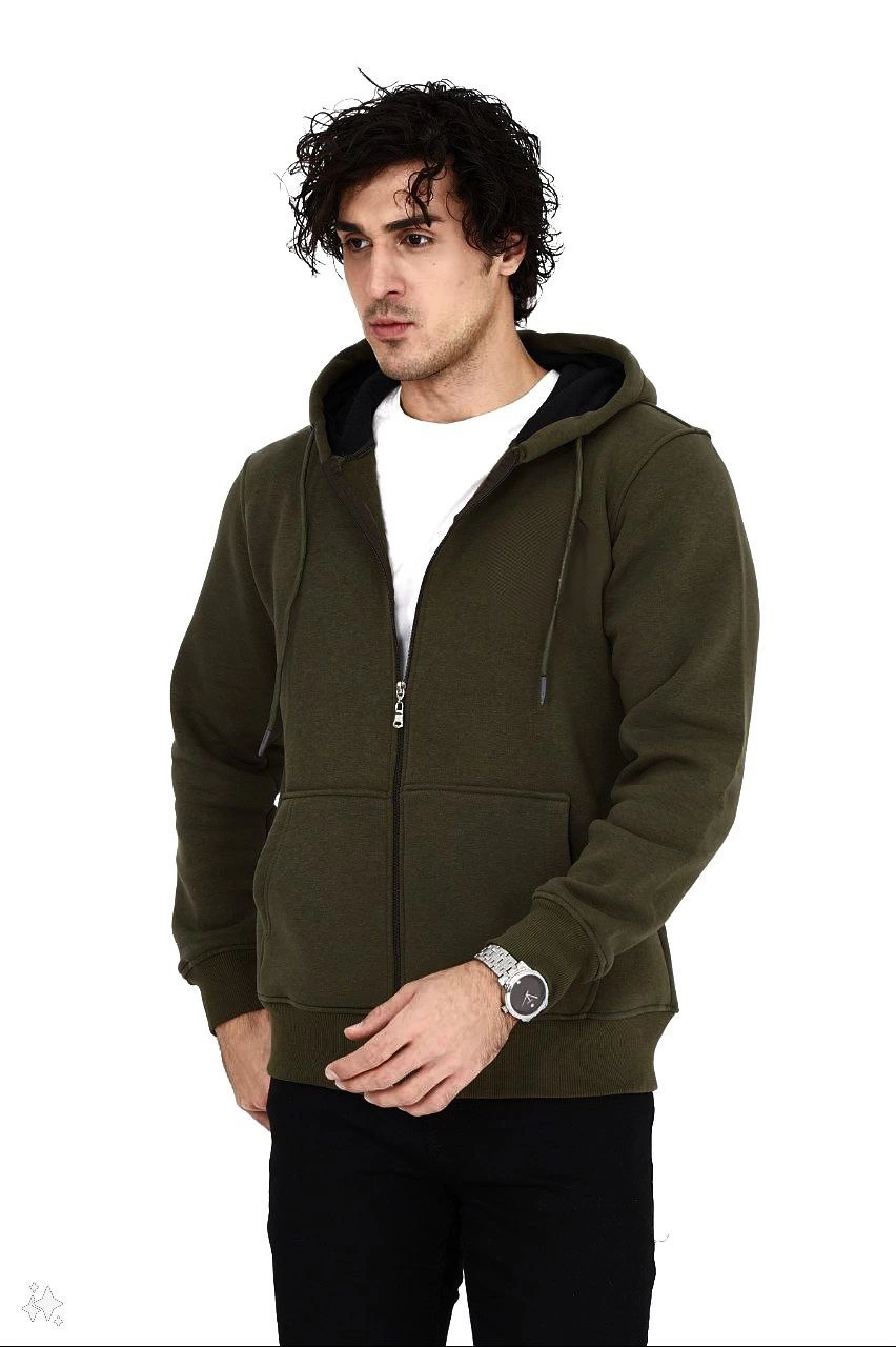 Erkek 3 İplik Pamuklu Kapüşonlu Tam Fermuarlı Cepli Hoodie Sweatshirt – Haki