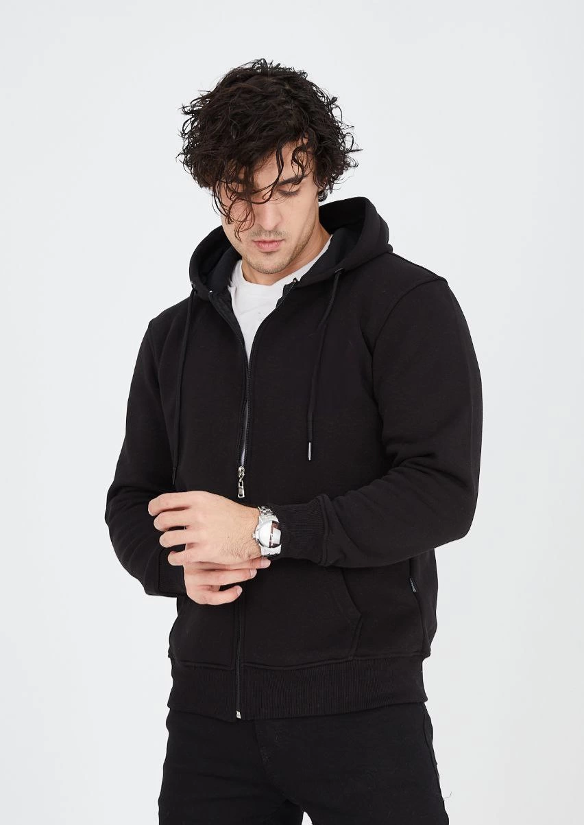 Erkek 3 İplik Pamuklu Kapüşonlu Tam Fermuarlı Cepli Hoodie Sweatshirt – Siyah