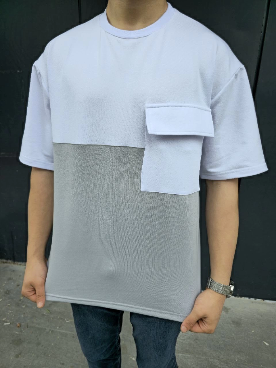 Erkek Kısa Kol Yazlık Tişört Torba Cepli Parçalı T-Shirt – Gri