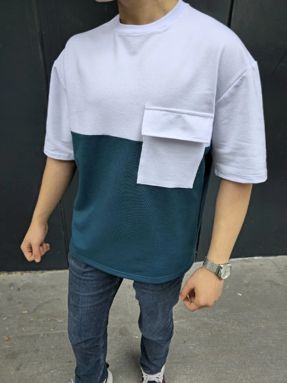 Erkek Kısa Kol Yazlık Tişört Torba Cepli Parçalı T-Shirt – Lacivert