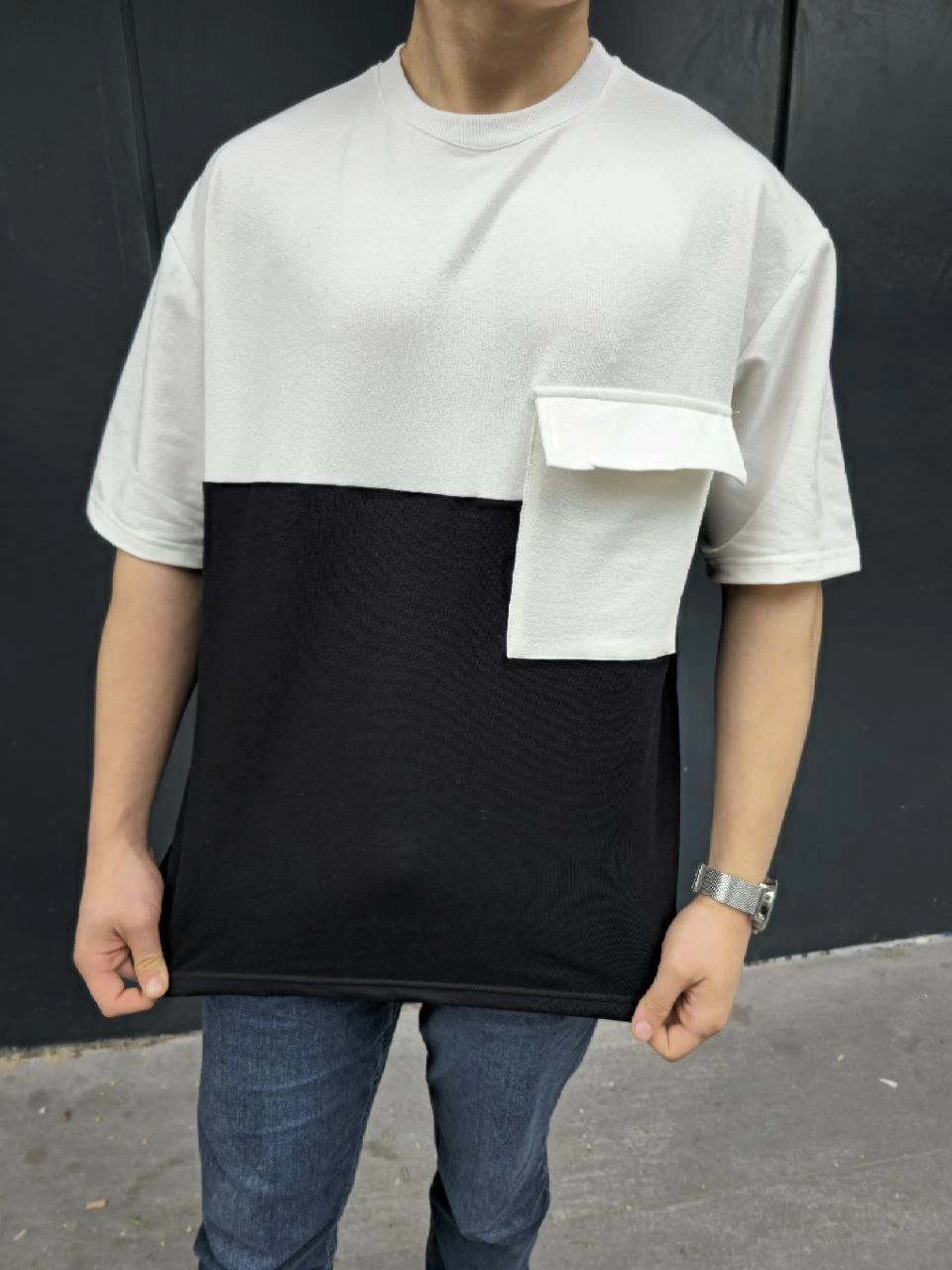 Erkek Kısa Kol Yazlık Tişört Torba Cepli Parçalı T-Shirt – Siyah