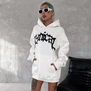 Kadın Oversize Kapüşonlu Cepli Baskılı 3 İplik Pamuklu Hoodie Sweatshirt – Beyaz