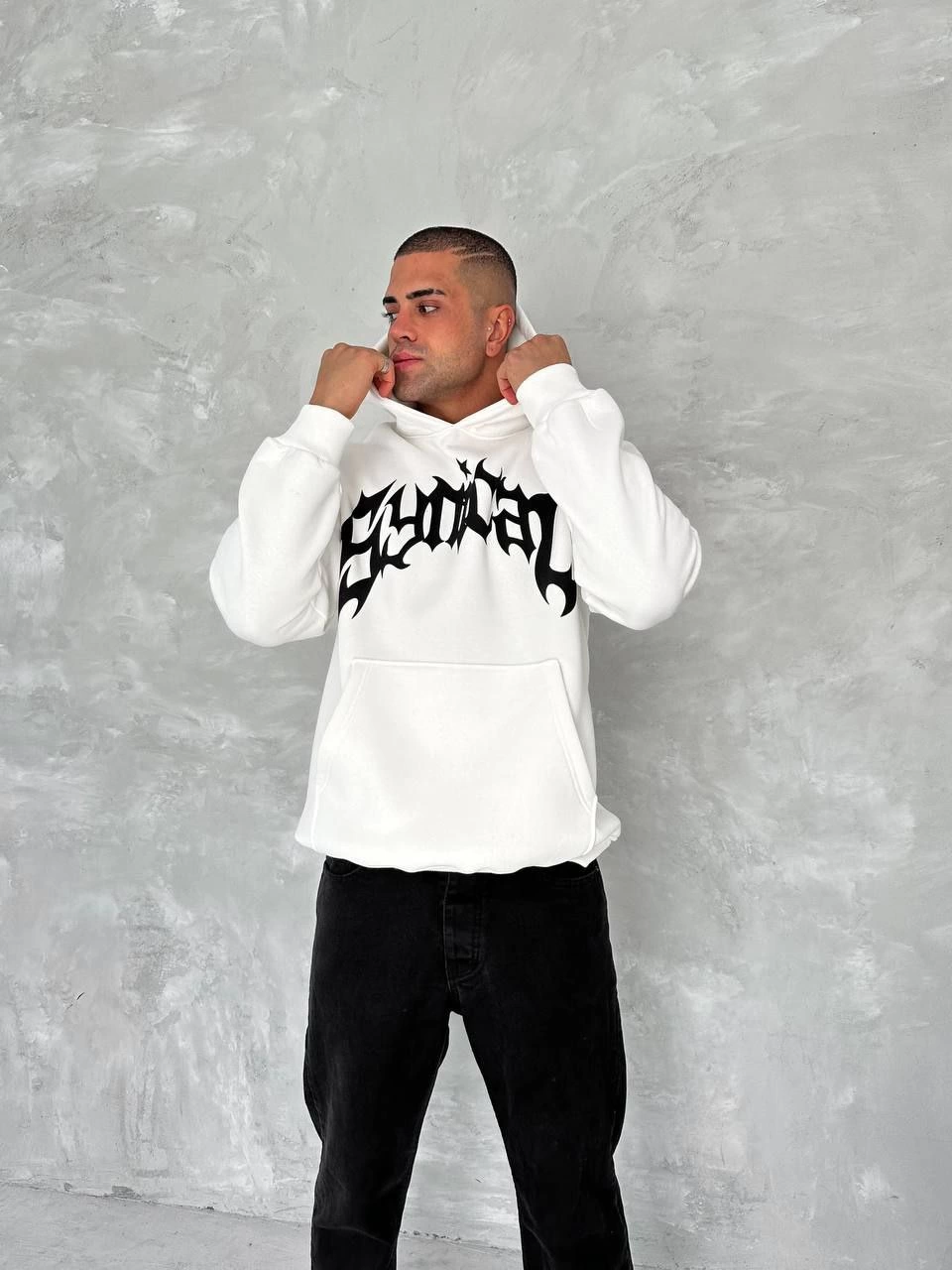 Erkek 3 İplik Pamuklu Kapüşonlu Baskılı Cepli Oversize Sweatshirt Hoodie – Beyaz