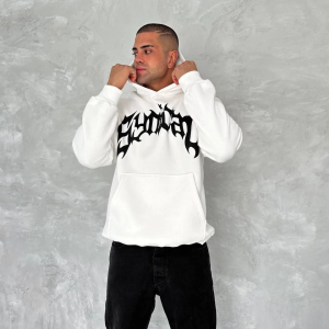 Erkek 3 İplik Pamuklu Kapüşonlu Baskılı Cepli Oversize Sweatshirt Hoodie – Beyaz