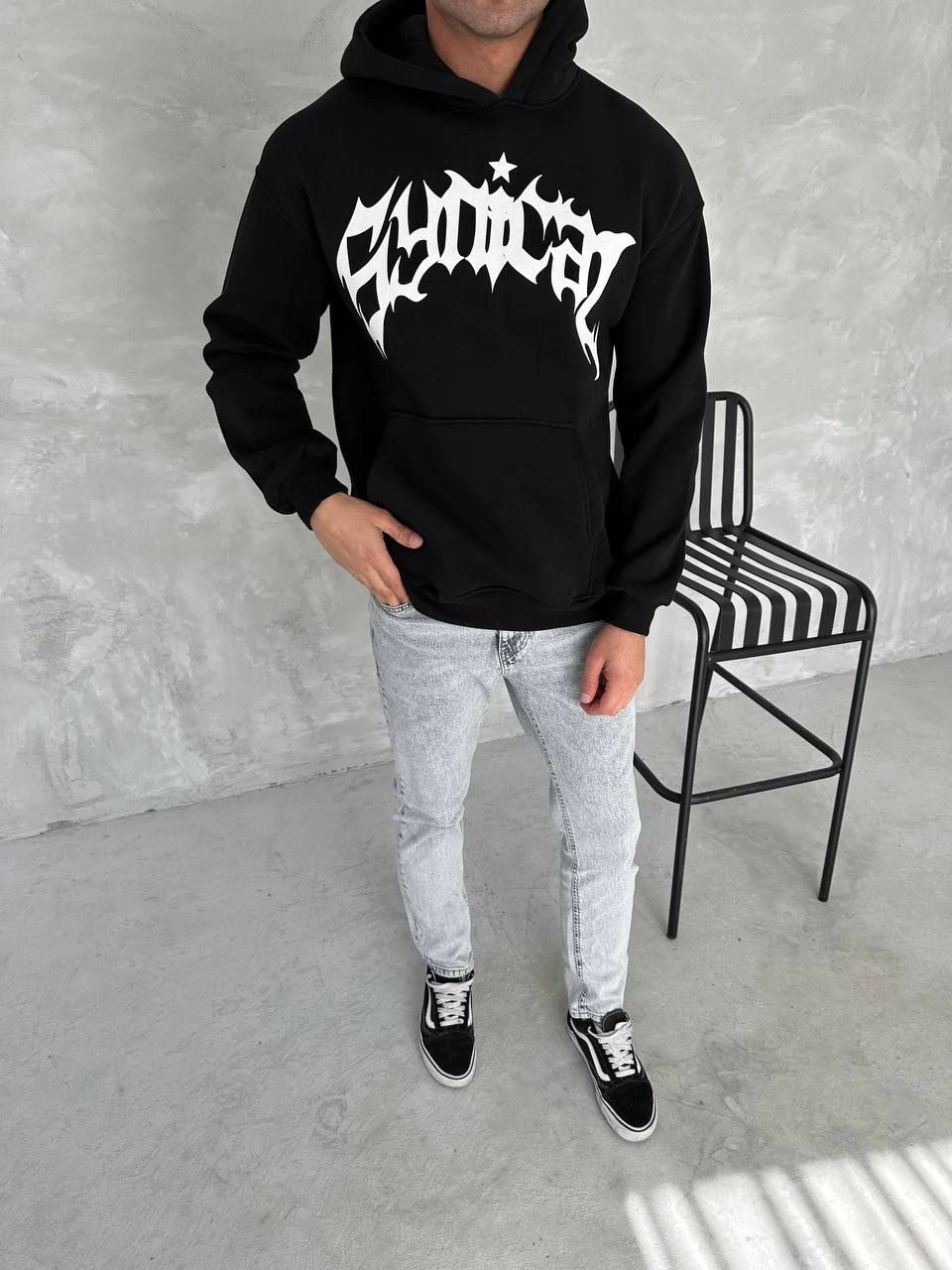 Erkek 3 İplik Pamuklu Kapüşonlu Baskılı Cepli Oversize Sweatshirt Hoodie – Siyah