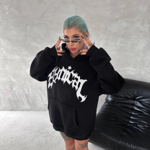 Kadın Oversize Kapüşonlu Cepli Baskılı 3 İplik Pamuklu Hoodie Sweatshirt – Siyah