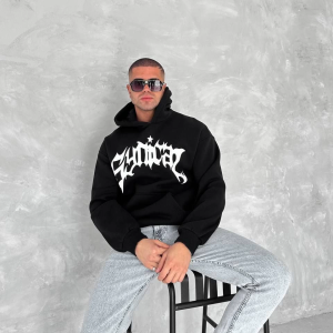Erkek 3 İplik Pamuklu Kapüşonlu Baskılı Cepli Oversize Sweatshirt Hoodie – Siyah