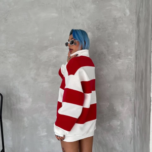 Kadın 3 İplik Pamuklu Parçalı Yakalı SweatShirt – Kırmızı