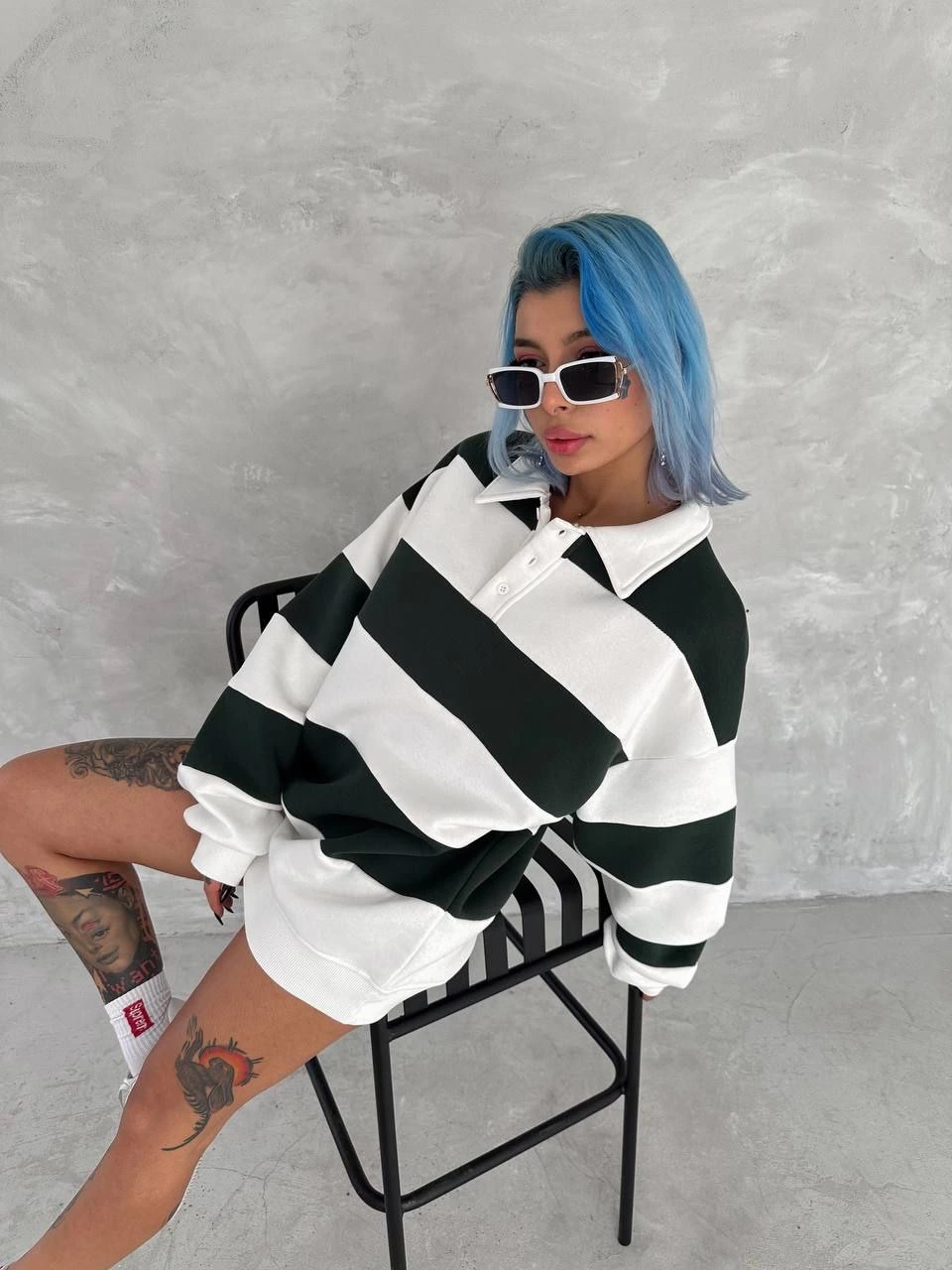 Kadın 3 iplik Pamuklu Parçalı Yakalı SweatShirt – Yeşil