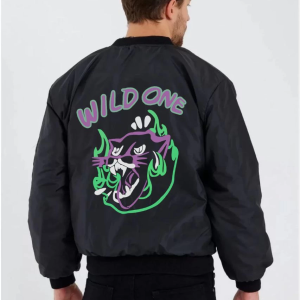 Wild One Baskılı Erkek Bomber Mont – Panter Desenli, Fermuarlı, Kapitone Astarlı Ceket – Siyah