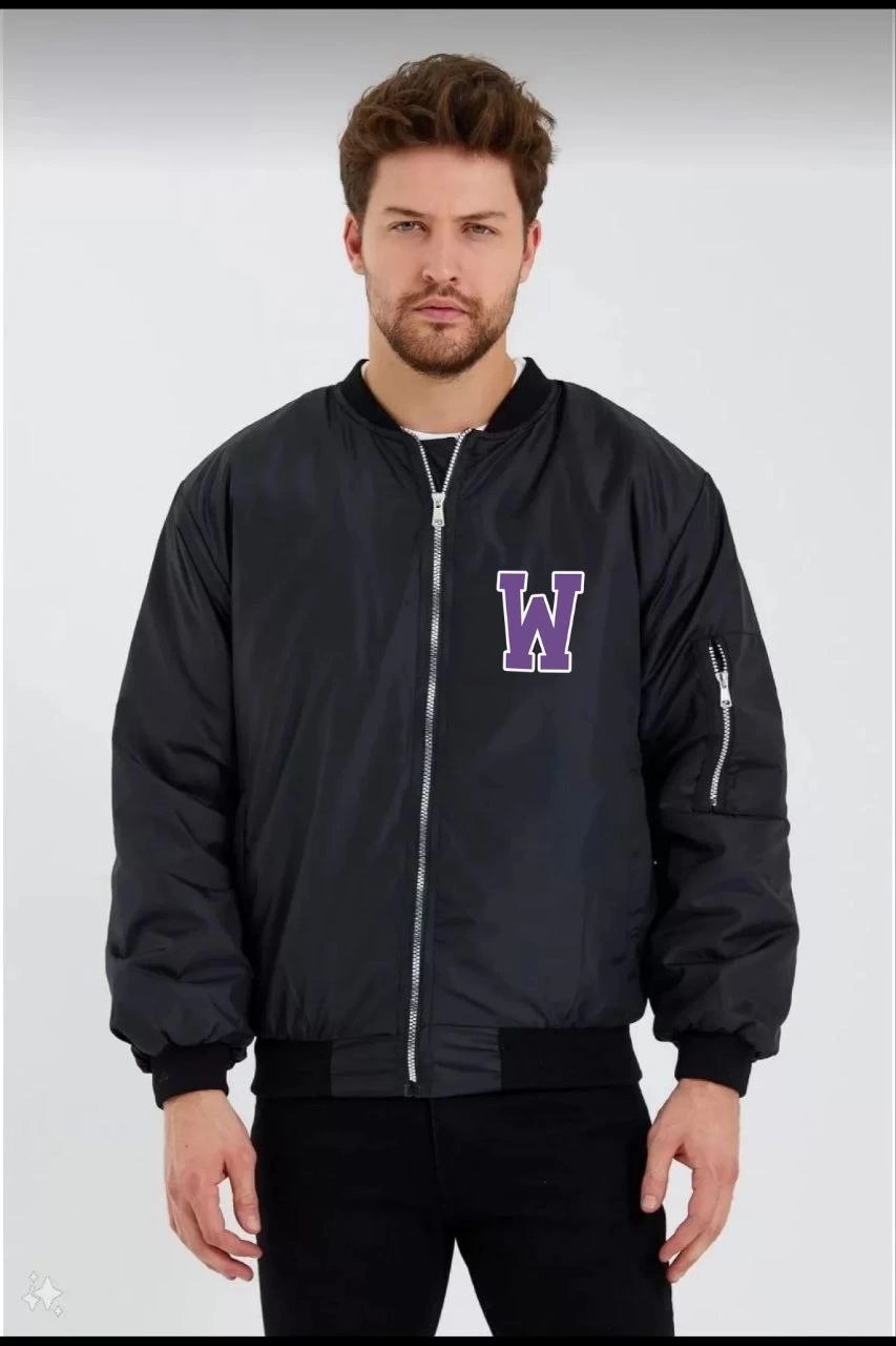 Wild One Baskılı Erkek Bomber Mont – Panter Desenli, Fermuarlı, Kapitone Astarlı Ceket – Siyah