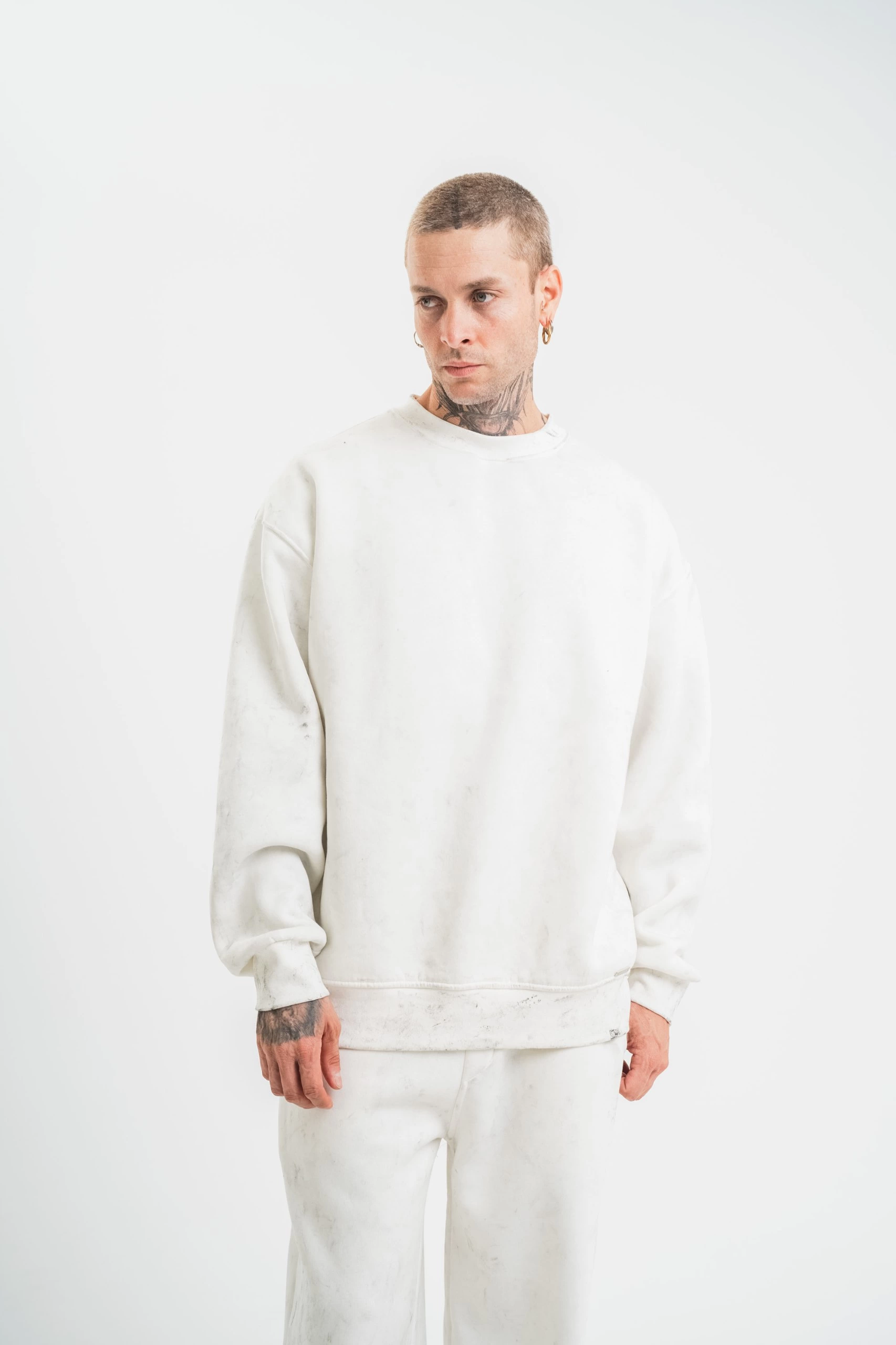 ERKEK 3 İplik Pamuklu Bisiklet Yaka Yıkamalı SweatShirt – Beyaz
