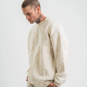 Erkek 3 İplik Pamuklu Yağ Yıkamalı Bisiklet Yaka Sweatshirt Oversize Hoodie – Krem